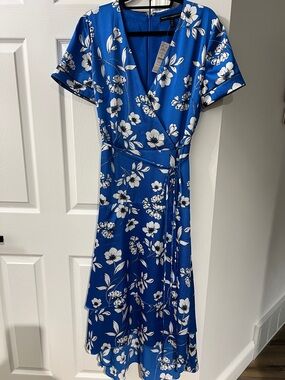 WHBM Royal Blue Floral Wrap Midi Dress NWT
